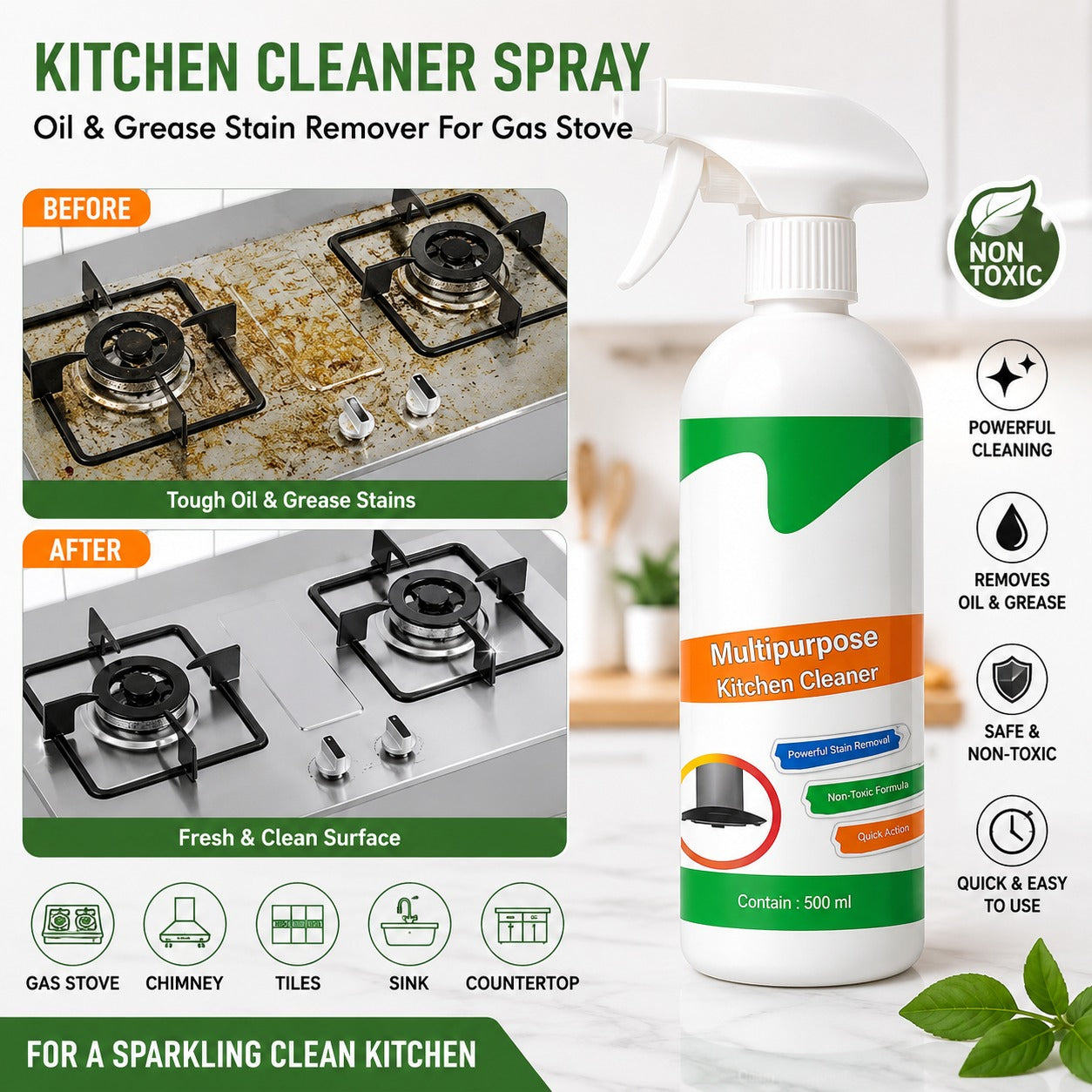 Kitchen Cleaner Spray – Multipurpose Oil & Grease Stain Remover (500ml) for Gas Stove, Tiles & Kitchen Surfaces