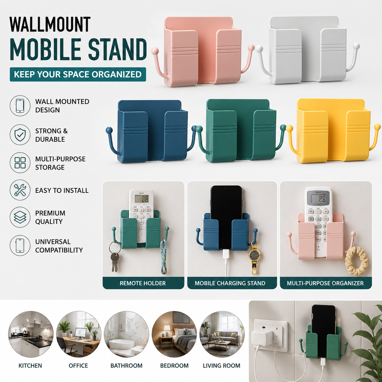 Wall Mount Mobile Holder – Self-Adhesive Mobile Charging Stand &amp; Multi-Purpose Wall Organizer