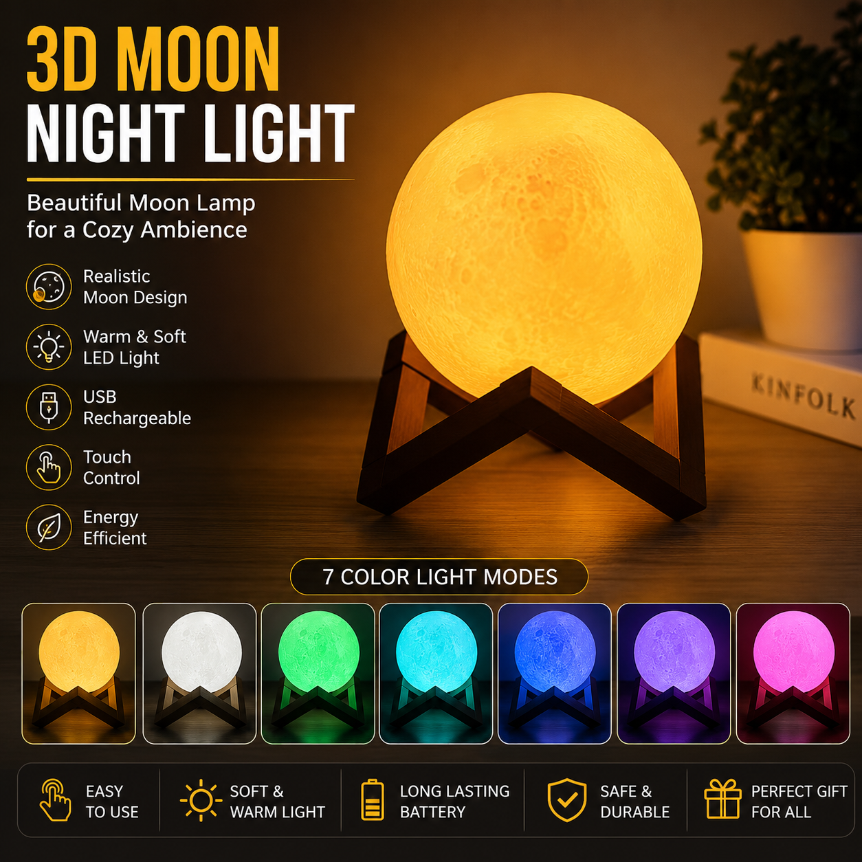 3D Moon Lamp with Wooden Stand – USB Rechargeable LED Night Light for Bedroom, Living Room &amp; Home Décor