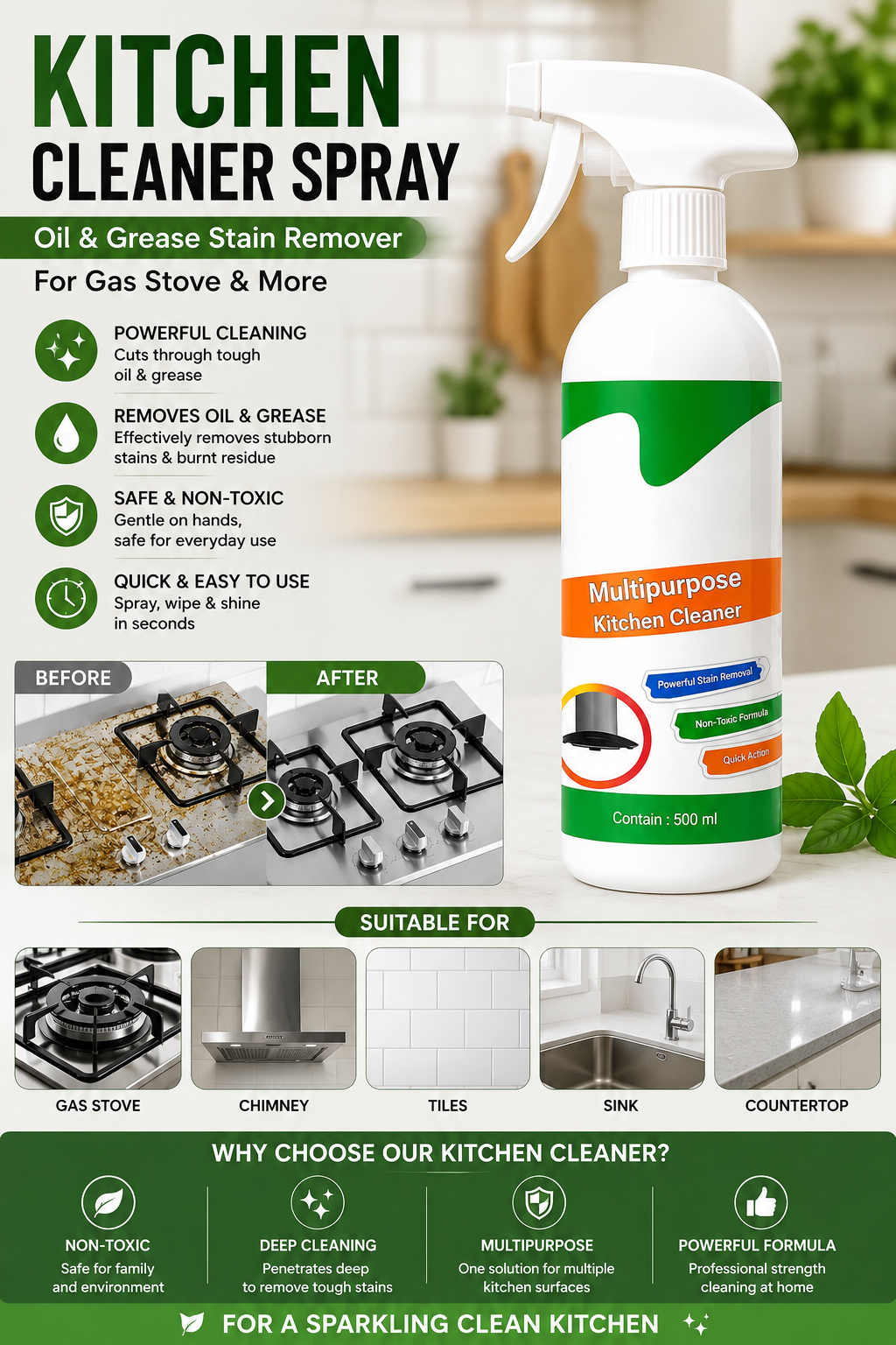 Kitchen Cleaner Spray – Multipurpose Oil &amp; Grease Stain Remover (500ml) for Gas Stove, Tiles &amp; Kitchen Surfaces