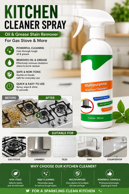 Kitchen Cleaner Spray – Multipurpose Oil &amp; Grease Stain Remover (500ml) for Gas Stove, Tiles &amp; Kitchen Surfaces