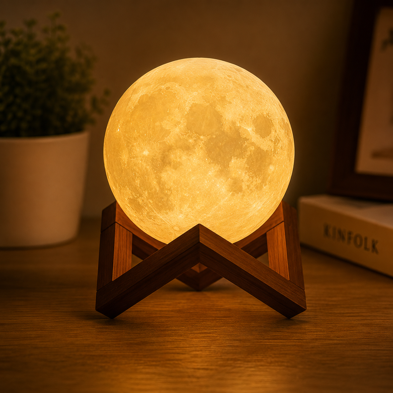 3D Moon Lamp with Wooden Stand – USB Rechargeable LED Night Light for Bedroom, Living Room &amp; Home Décor