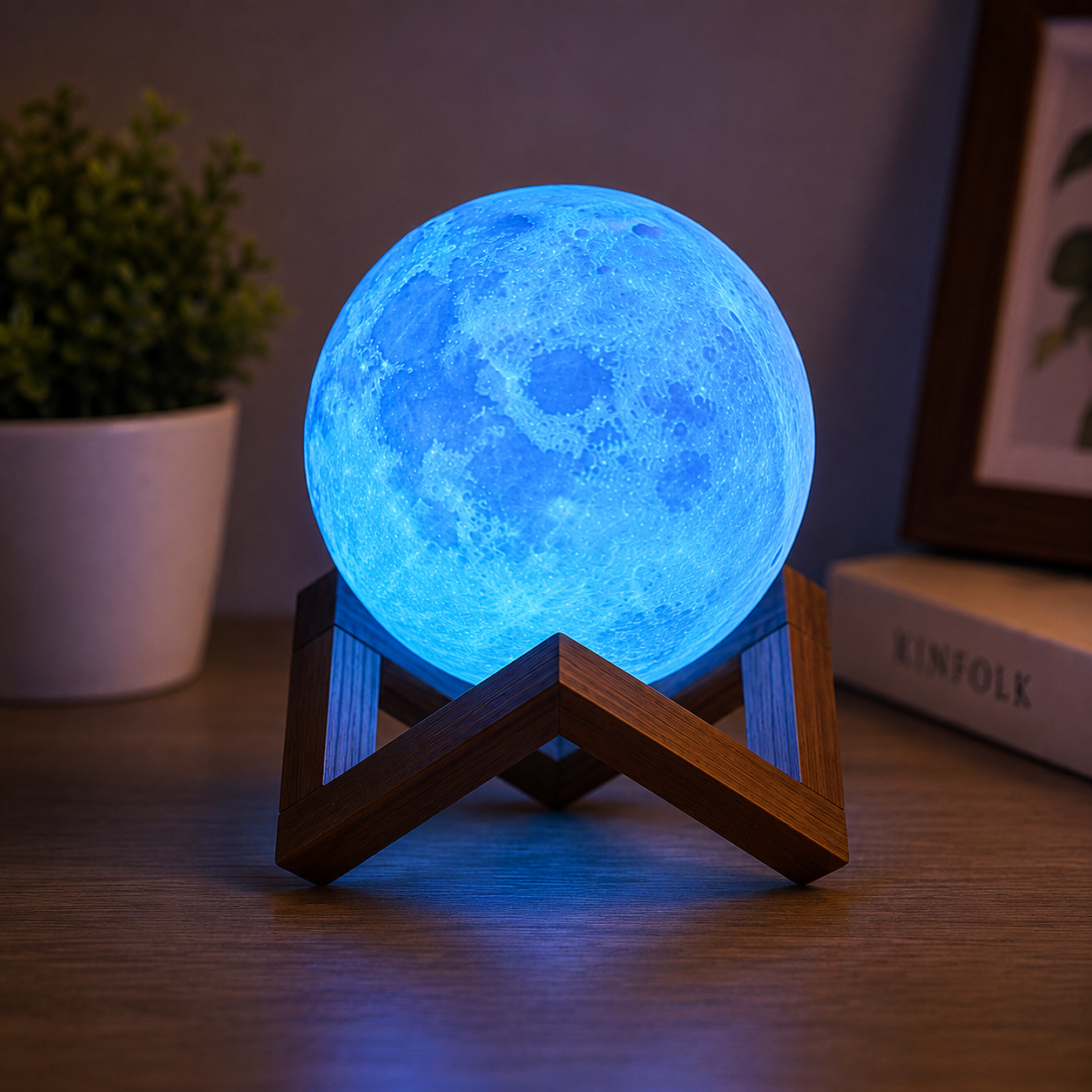 3D Moon Lamp with Wooden Stand – USB Rechargeable LED Night Light for Bedroom, Living Room &amp; Home Décor
