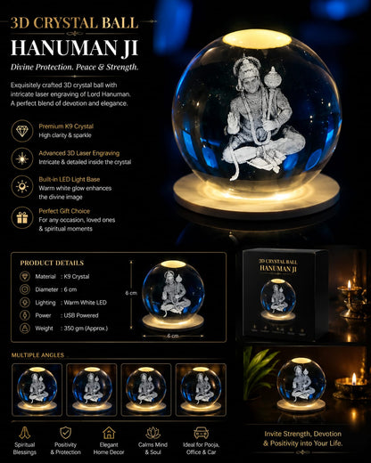 3D Crystal Ball Hanuman Ji Lamp – Divine Protection, Peace & Strength in Elegant Glow