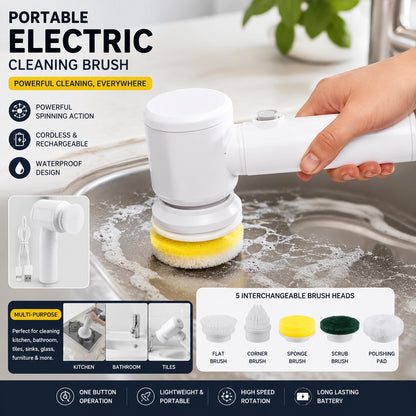 Portable Electric Cleaning Brush – Cordless Rechargeable Multi-Purpose Power Scrubber with 5 Interchangeable Brush Heads